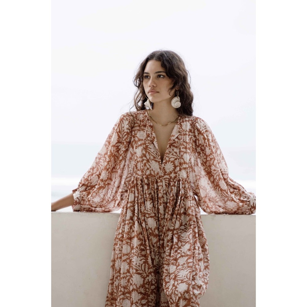 Daughters of India Dress Kyra Midi L Caramel Floral Boho Hand Block Print Cotton